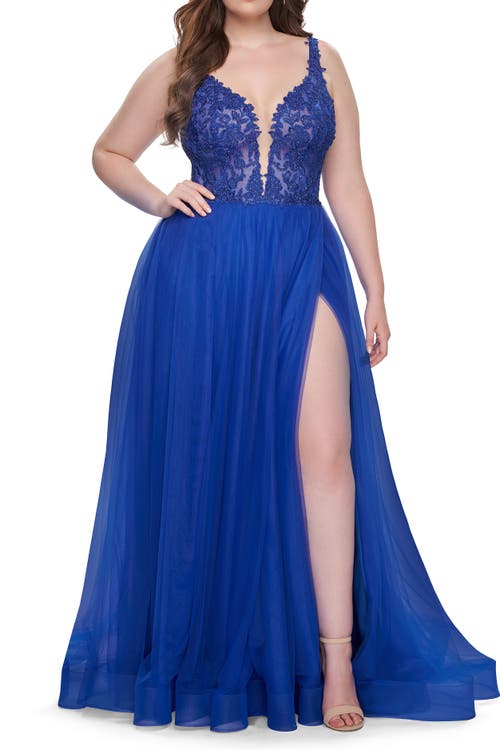 La Femme Deep V Plus Size Tulle Dress With Lace Illusion Bodice