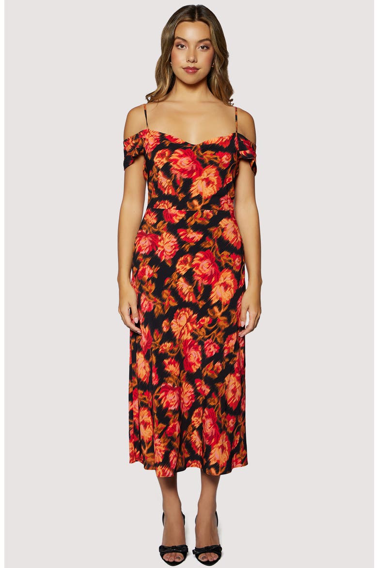 Evenign Bloom Cold Shoulder Midi Dress, Alternate, color, BLACK RED FLORAL