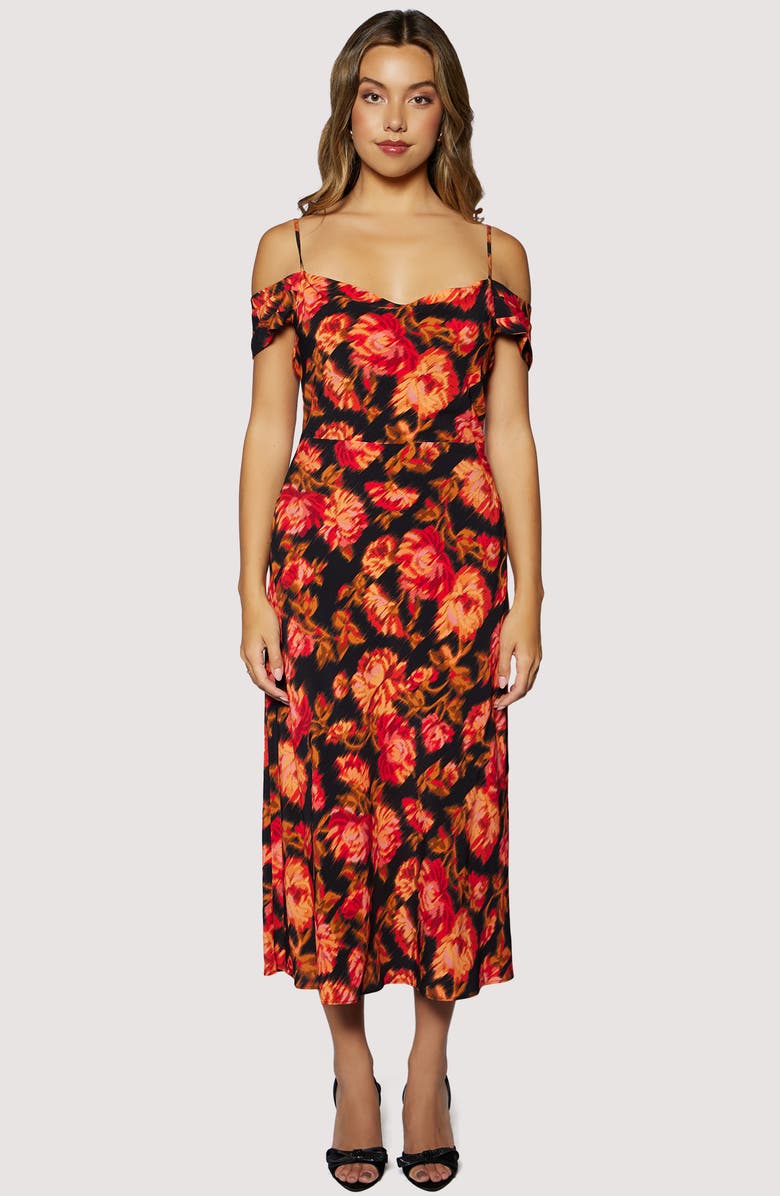 Lost + Wander Evenign Bloom Cold Shoulder Midi Dress, Alternate, color, Black Red Floral