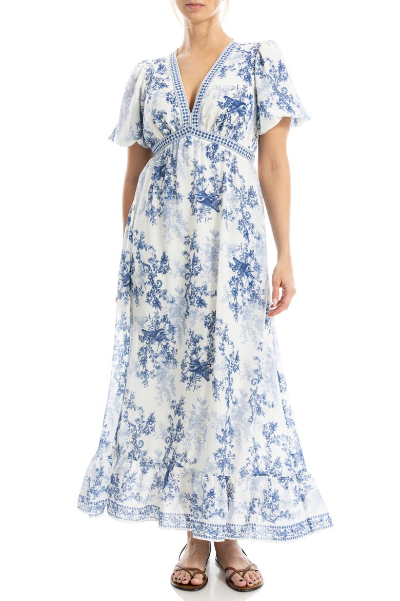 Flutter Sleeve Empire Waist Maxi Dress, Alternate, color, BLUE/ CREAM EDGY FIDDLERS