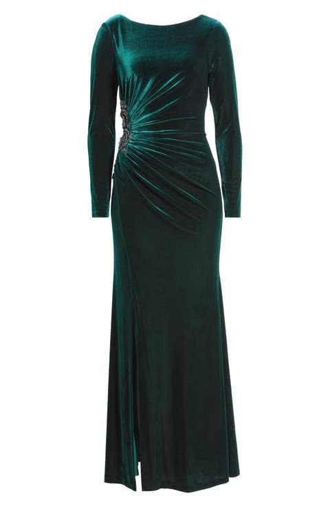 Side Ruched Long Sleeve Velvet Gown