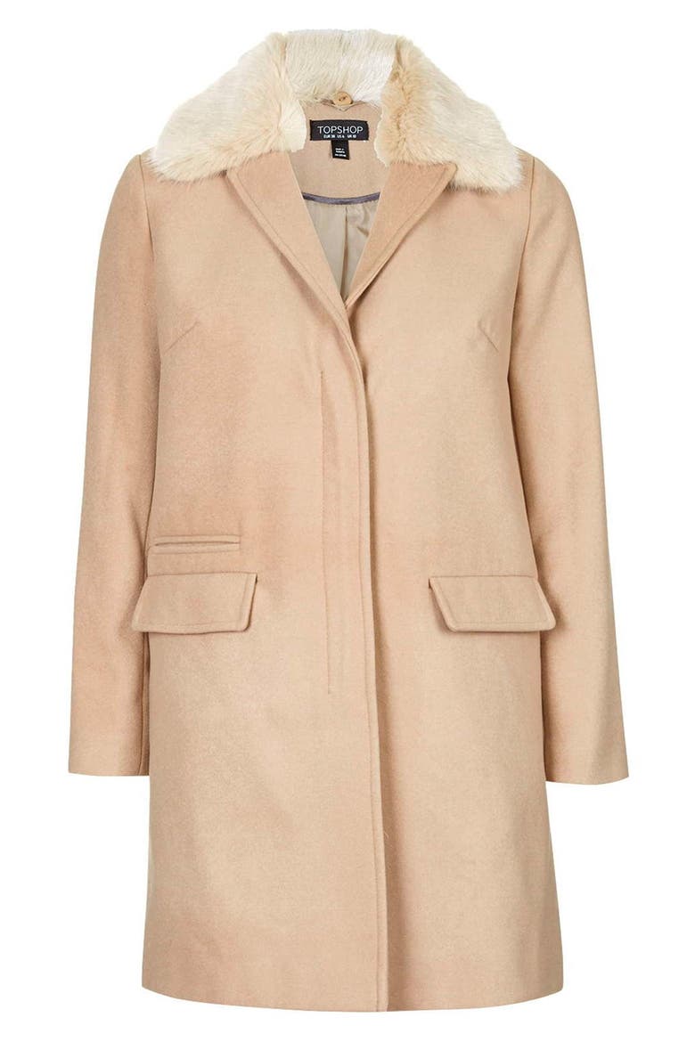 'Mia' Faux Fur Collar Slim Fit Coat, Alternate, color, CAMEL