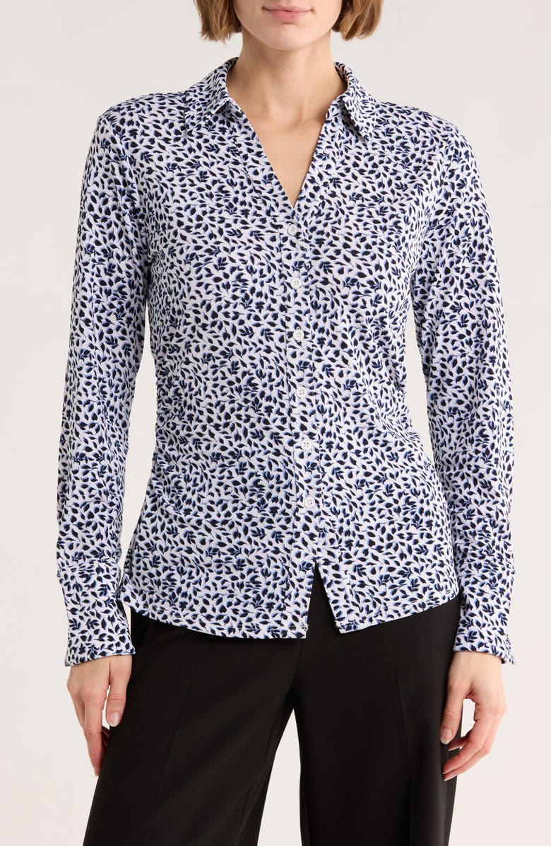 Adrianna Papell Long Sleeve Knit Button-Up Top, Main, color, Ivory/ Blue Moon Dreamy Leaves