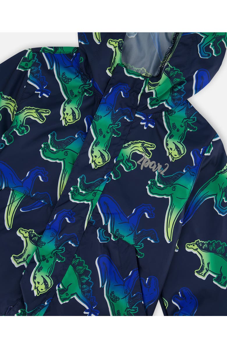 Deux par Deux Little Boy's Printed Packable Windbreaker Blue And Green Dino On Navy, Alternate, color, Blue And Green Dino On Navy