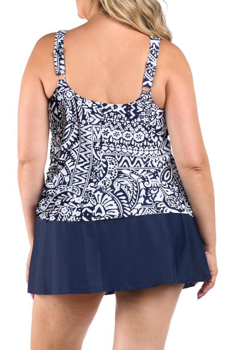 Bohemia Faux Tankini One-Piece Swimdress, Alternate, color, INDIGO