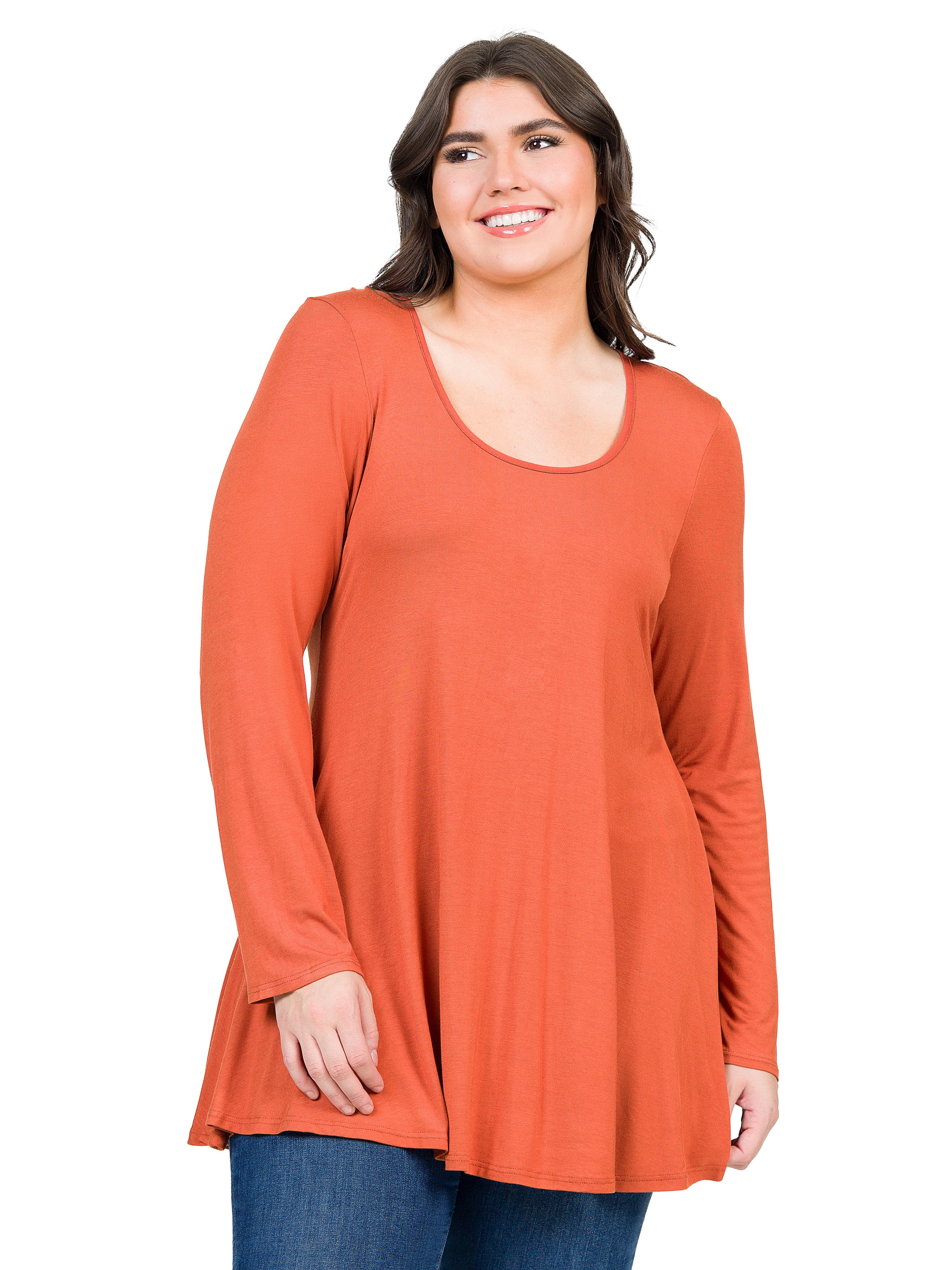 24seven Comfort Apparel Poised Long Sleeve Swing Tunic Top In Orange