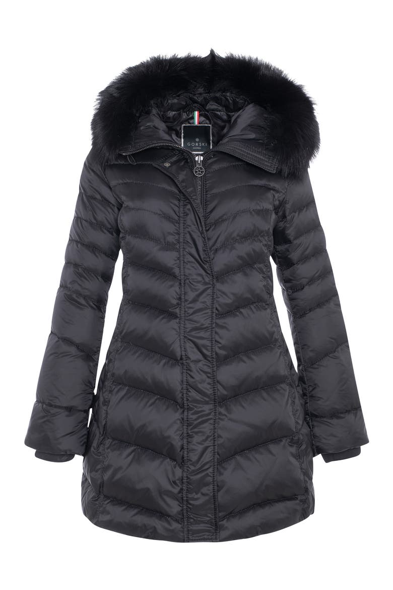 Apres-Ski Chevron Long Parka with Detachable Toscana Lamb Hood Trim, Alternate, color, Black/Black