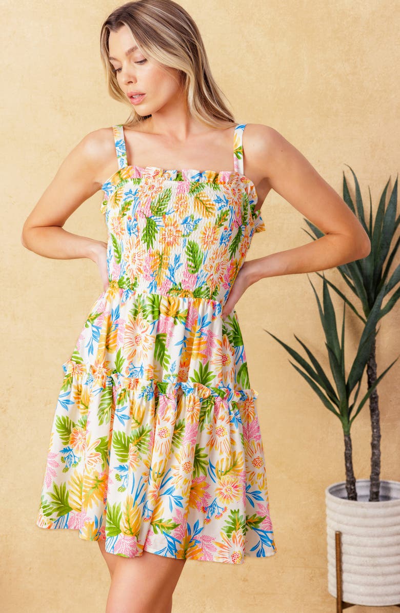 FLYING TOMATO Floral Smocked Fit & Flare Minidress, Alternate, color, Ivory Orange