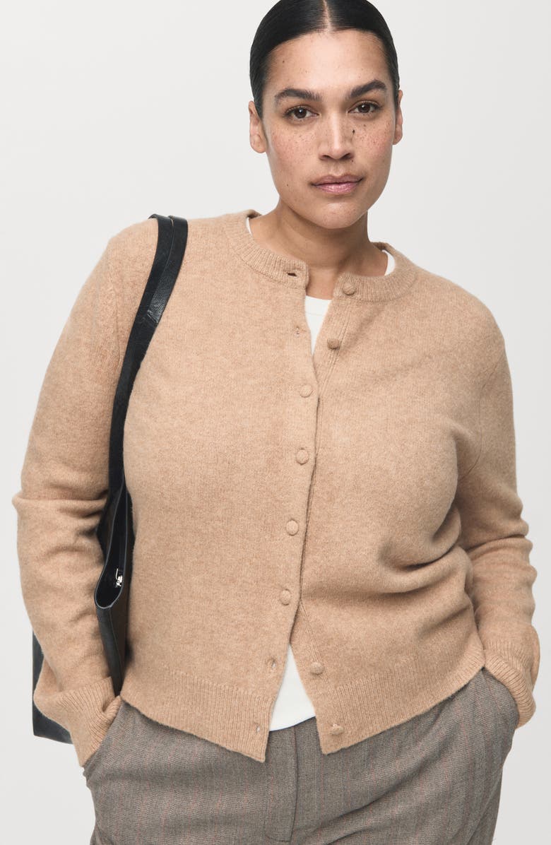 MANGO Covered Button Crewneck Cardigan, Alternate, color, Medium Brown