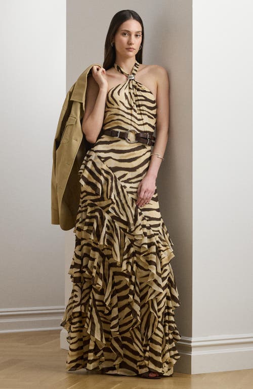 Ralph Lauren Zebra-print Ruffle-trim Georgette Gown In Brown