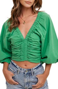 WISHLIST Ruched Puff Sleeve Cotton Top