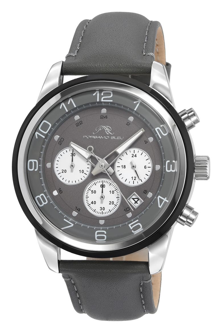 Men's Arthur Chronograph Leather Strap Watch, 44mm, Main, color, GREY