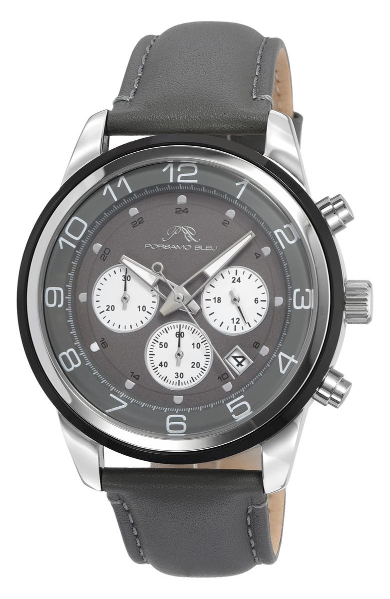PORSAMO BLEU Men's Arthur Chronograph Leather Strap Watch, 44mm, Main, color, Grey