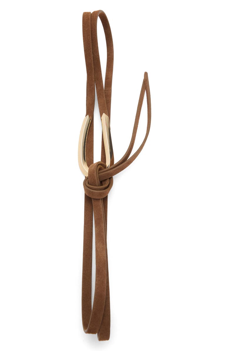 MANGO Thin Suede Tie Belt, Main, color, Brown