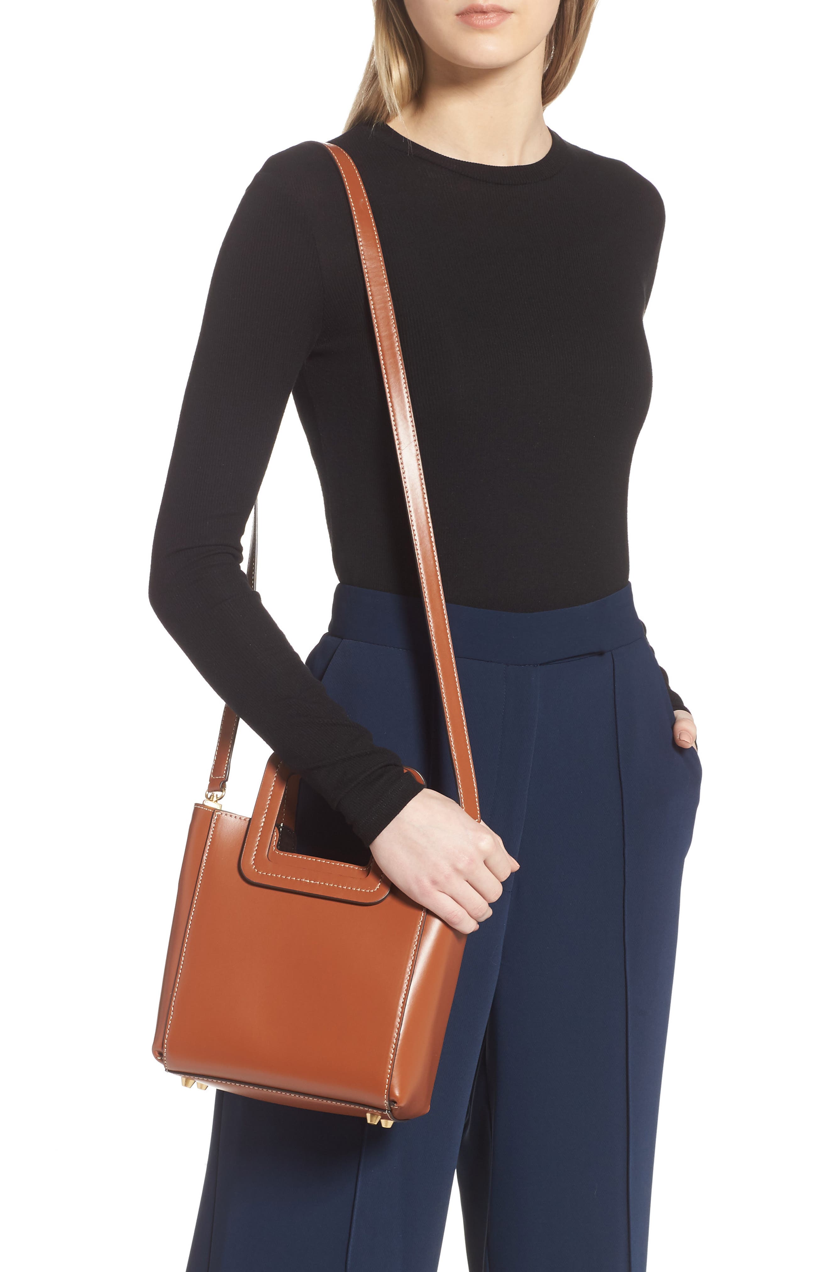 STAUD Mini Shirley Leather Satchel, Alternate, color, Tan