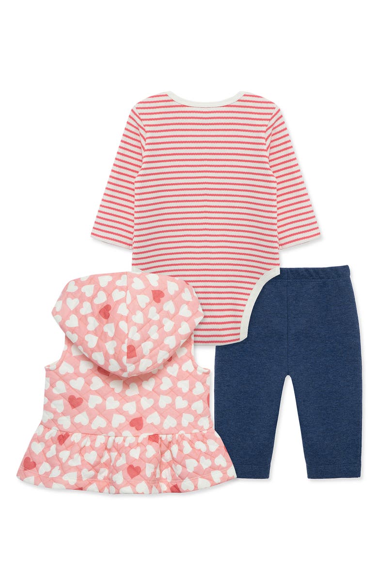 Little Me Sweetheart Long Sleeve Bodysuit, Hooded Quilted Vest & Pants Set, Alternate, color,
