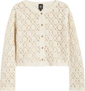 Bobeau Diamond Floral Crochet Button Front Cardigan