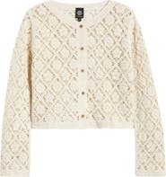 Bobeau Diamond Floral Crochet Button Front Cardigan