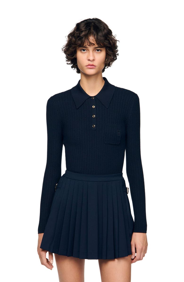 SANDRO Cable knit polo sweater, Alternate, color, Navy Blue