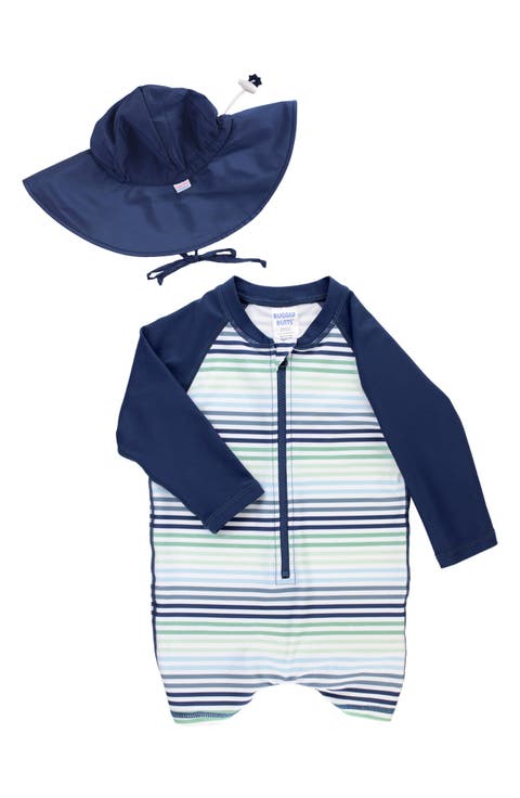 Coastal Stripe One-Piece Rashguard Swimsuit & Hat Set (Baby)