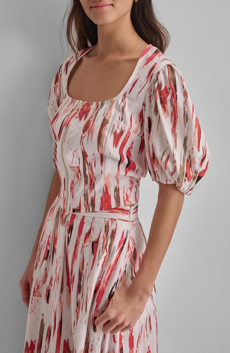 DKNY Print Zip Front Puff Sleeve Linen Blend Top, Alternate, color,