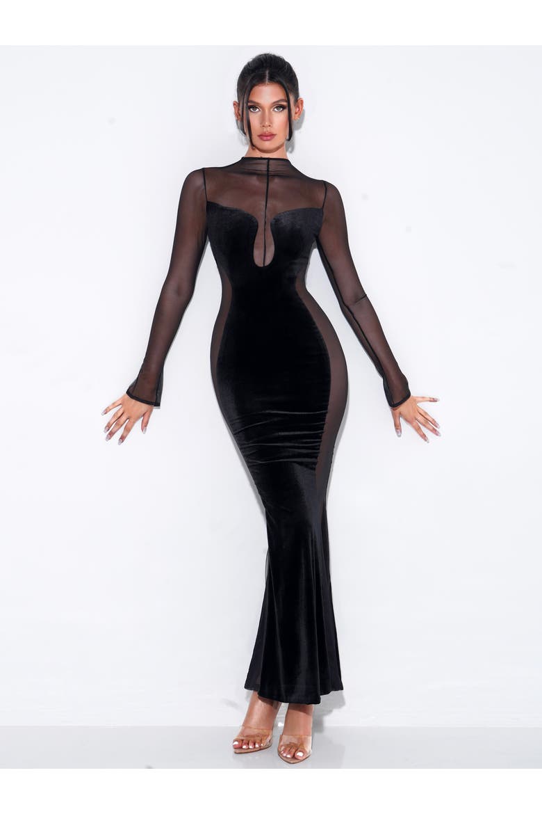 Paislee Velvet Mesh Long Sleeve Gown, Main, color, Black