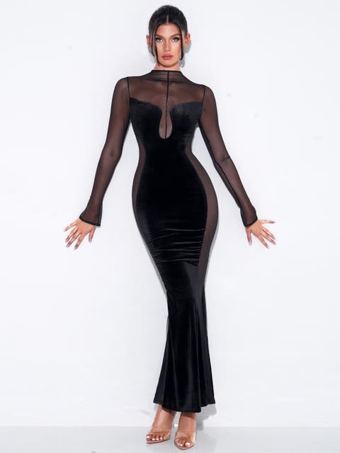 Paislee Velvet Mesh Long Sleeve Gown