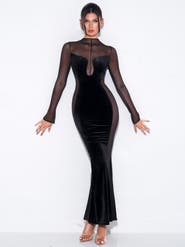 Miss Circle Paislee Velvet Mesh Long Sleeve Gown