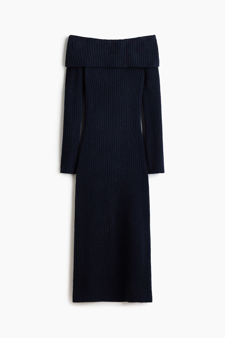 Rib-knit off-the-shoulder dress, Alternate, color, Navy blue
