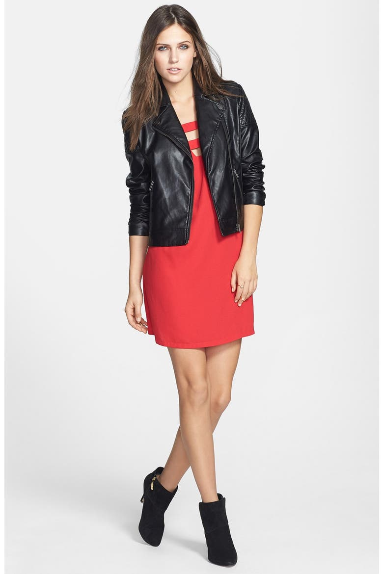 Quilted Shoulder Faux Leather Moto Jacket, Alternate, color, BLACK