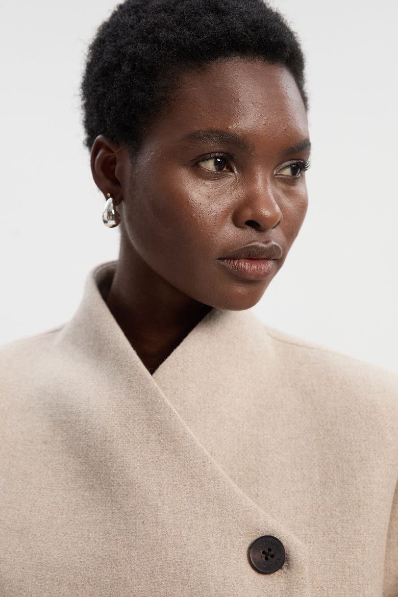 Wool Wrap Neck Tailored Belted Midi Coat, Alternate, color, Oatmeal