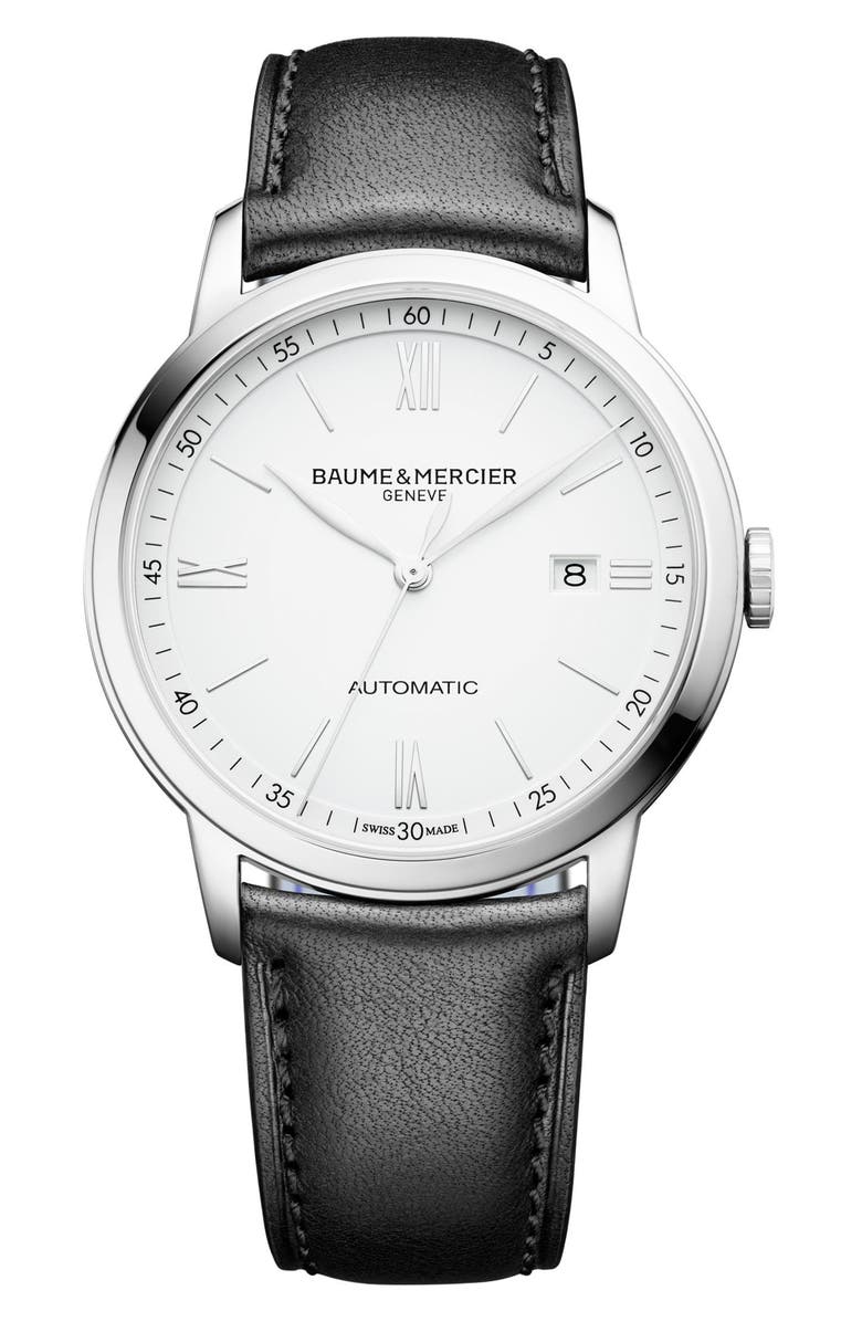 Baume & Mercier Classima Automatic Leather Strap Watch, 42mm, Main, color, Whit