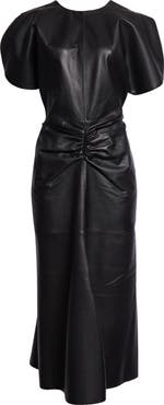 Victoria Beckham Gathered Waist Leather Midi Dress