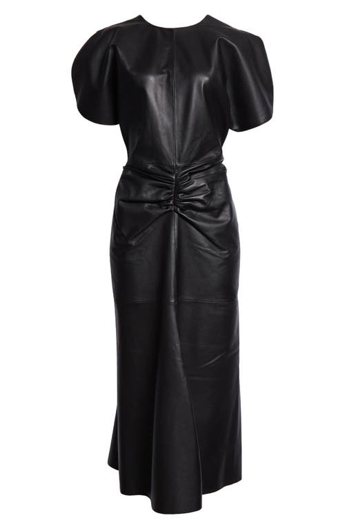 VICTORIA BECKHAM VICTORIA BECKHAM GATHERED WAIST LEATHER MIDI DRESS 