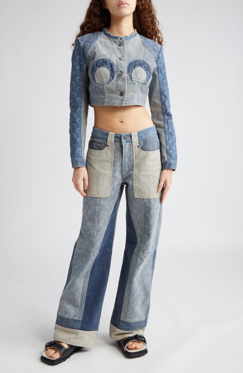 Marine Serre Mixed Wash Denim Crop Jacket, Alternate, color,