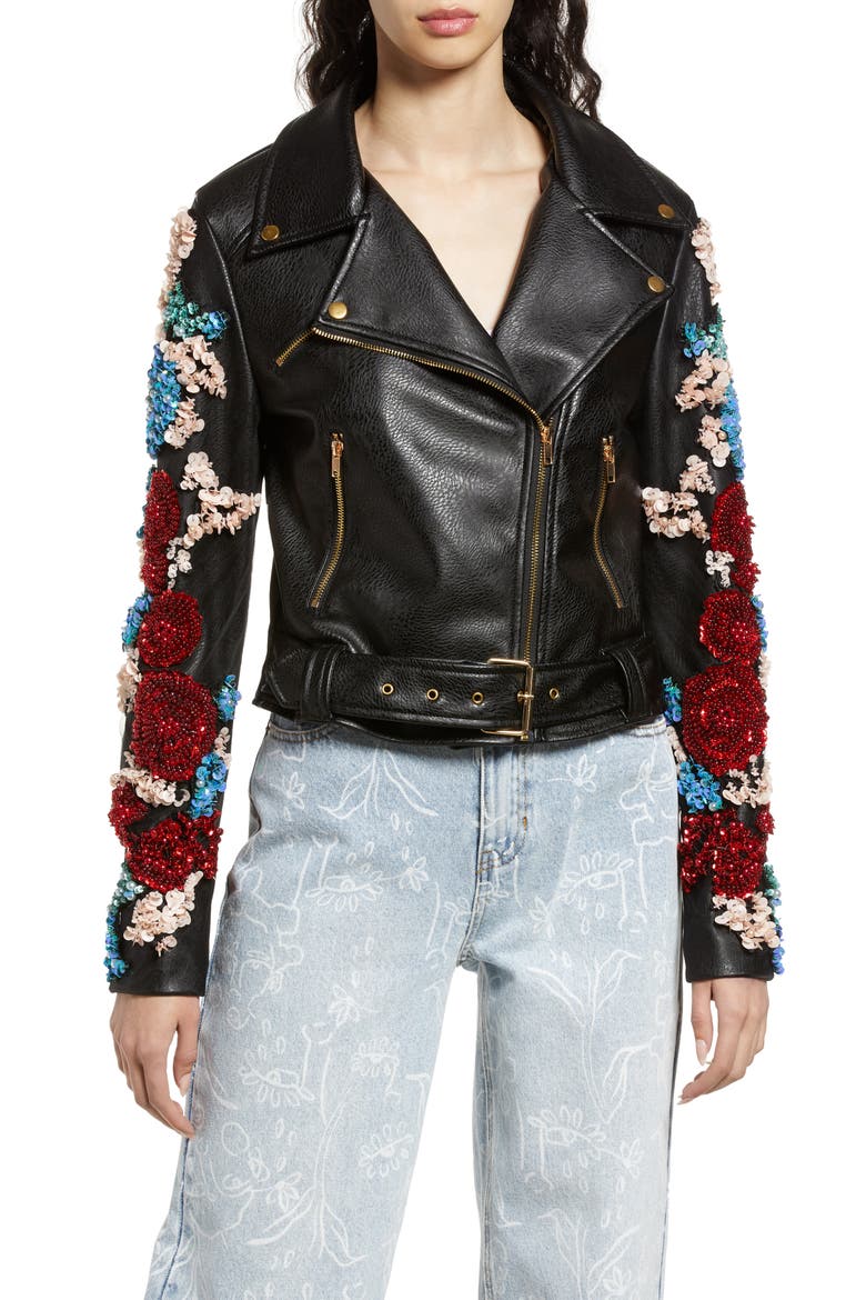 Embellished Floral Belted Faux Leather Moto Jacket, Alternate, color, BLACK