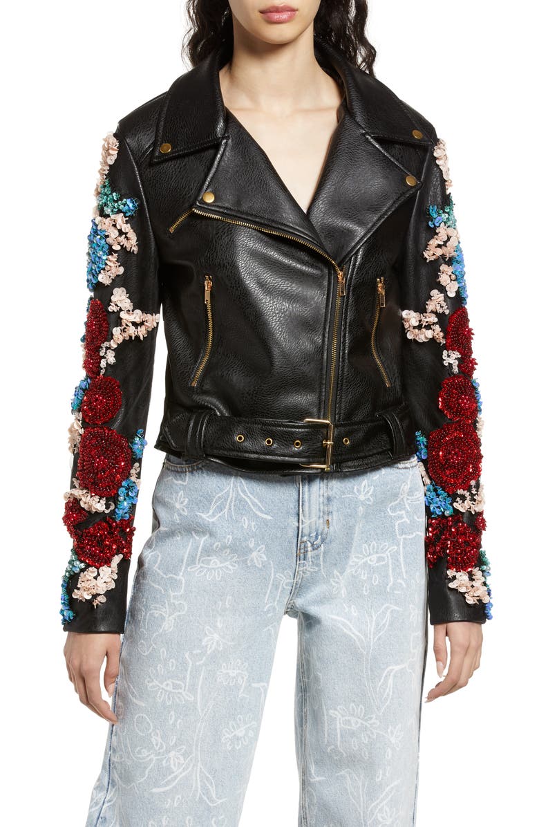 AZALEA WANG Embellished Floral Belted Faux Leather Moto Jacket, Alternate, color, 
