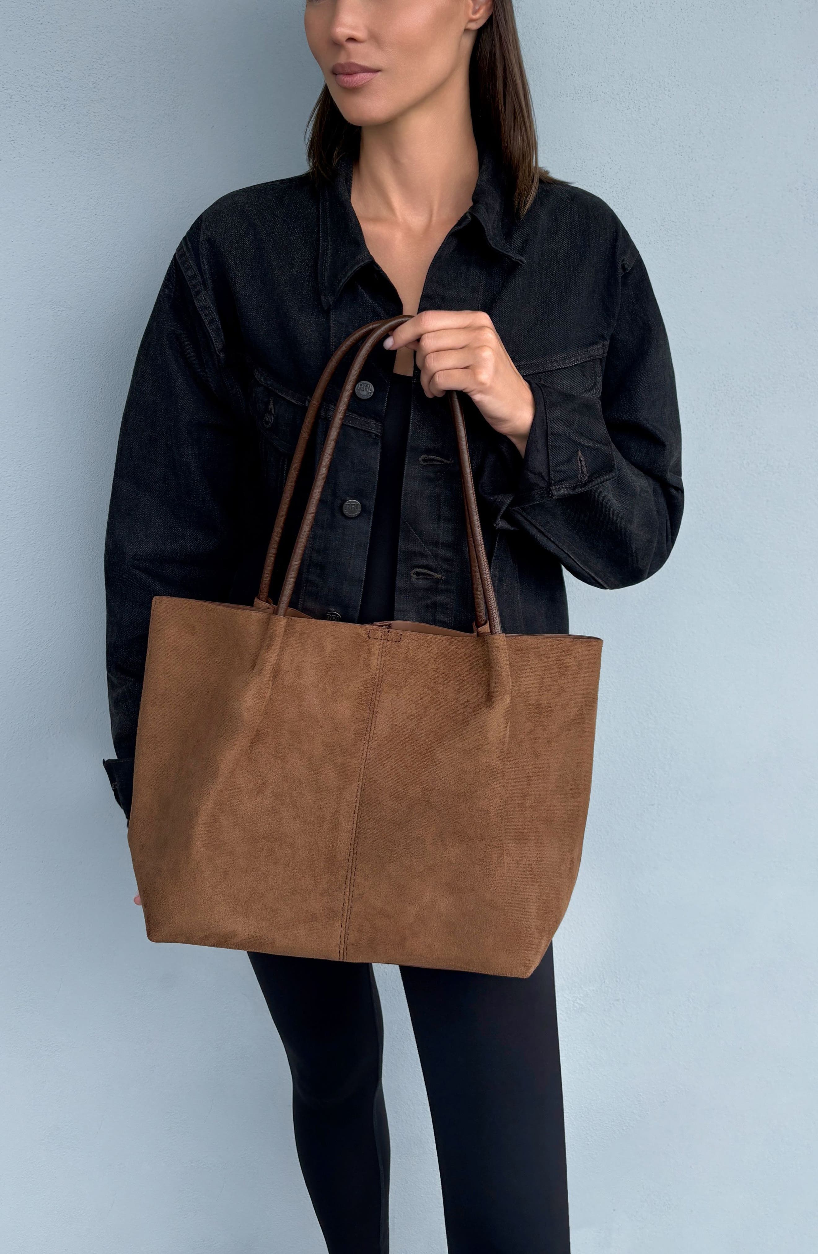 Large Faux Leather Tote with Clutch, Alternate, color, BROWN