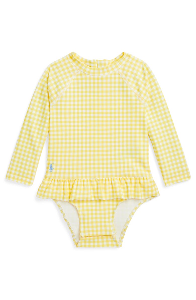Ralph Lauren Long Sleeve One-Piece Rashguard Swimsuit, Main, color, Yellow Gingham/ Blue
