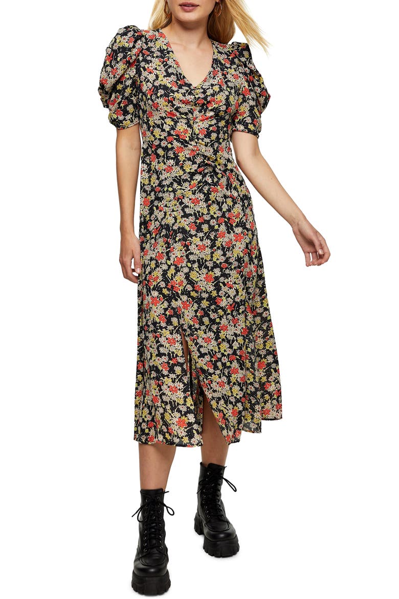 Grunge Floral Print Midi A-Line Dress, Main, color, BLACK MULTI