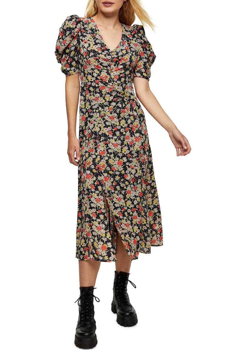 Topshop Grunge Floral Print Midi A-Line Dress, Main, color,