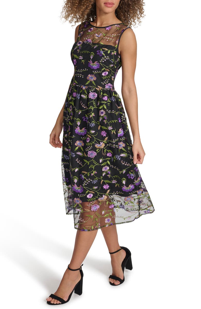 Kensie Embroidered Mesh Cocktail Midi Dress, Alternate, color,