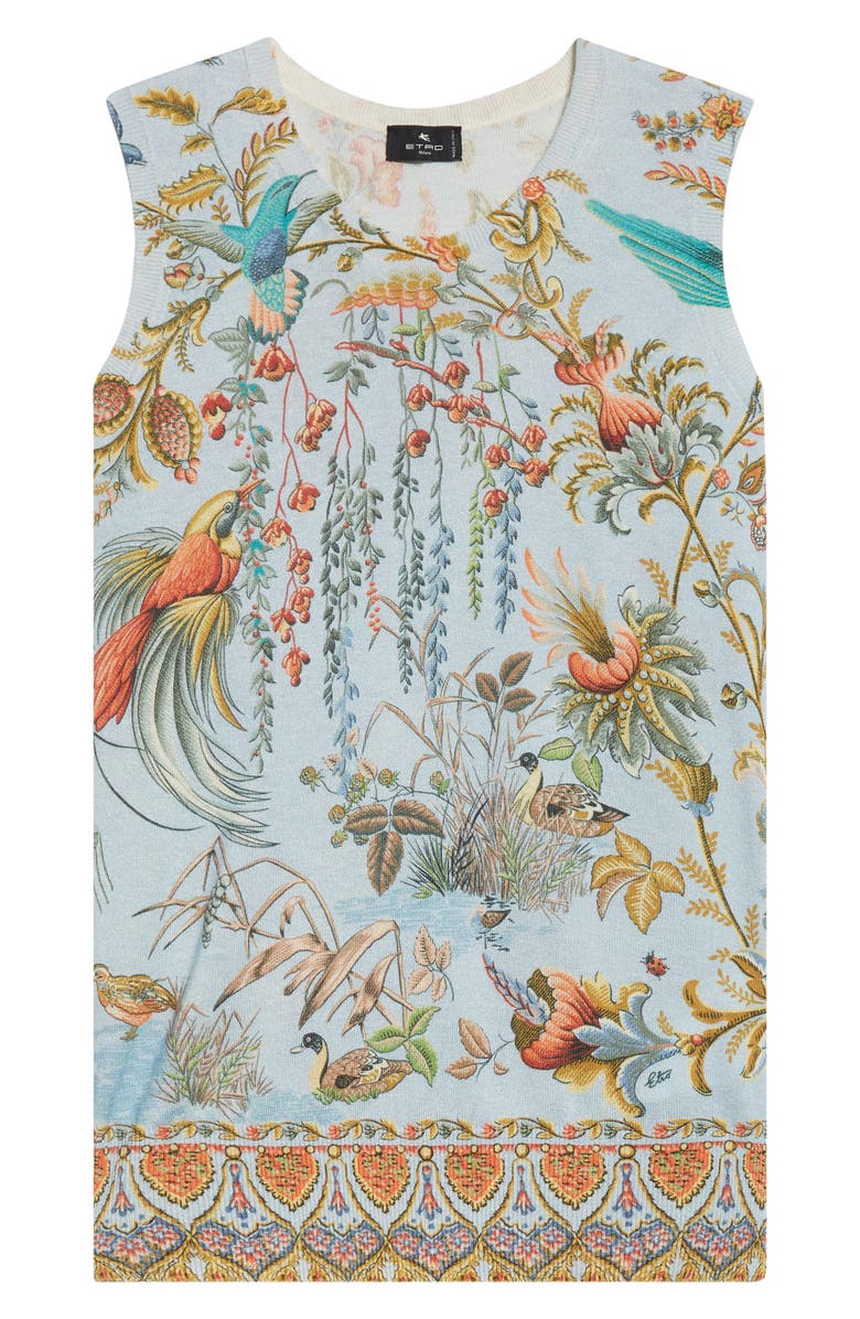 Etro Flora & Fauna Silk & Cashmere Sweater Tank, Alternate, color, Multicolour On Pale Blue Base