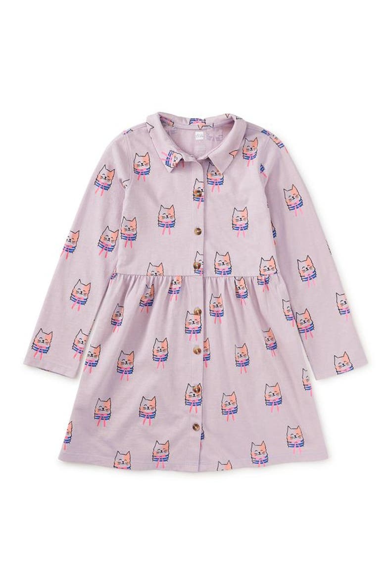 Collared Long Sleeve Shirtdress, Main, color, Bow Tie Cats