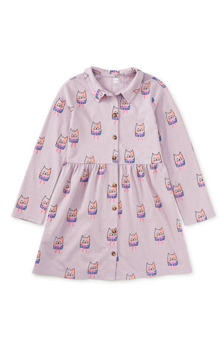 Tea Collection Collared Long Sleeve Shirtdress, Main, color, Bow Tie Cats