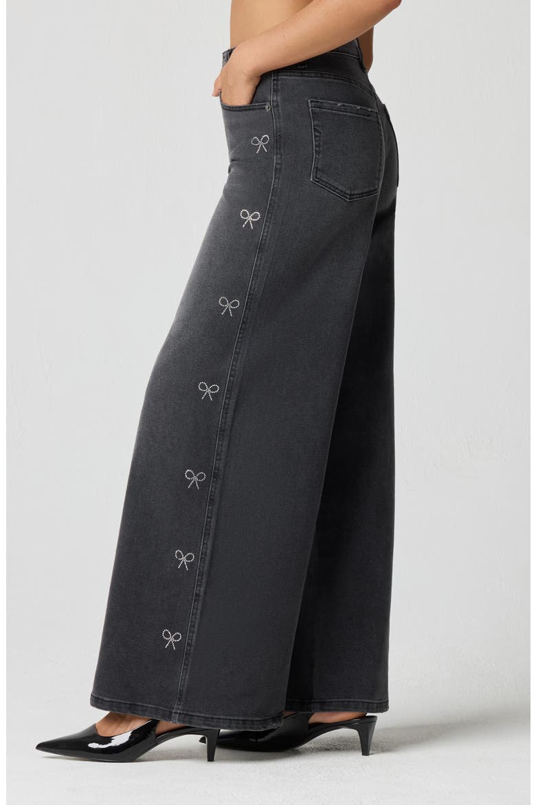 Crystal Bow High Waist Wide Leg Jeans, Alternate, color, WASHED BLACK