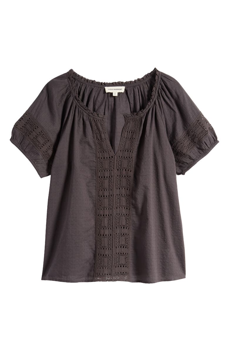 Lucky Brand Granny Square Crochet Accent Puff Sleeve Cotton Top, Alternate, color, 