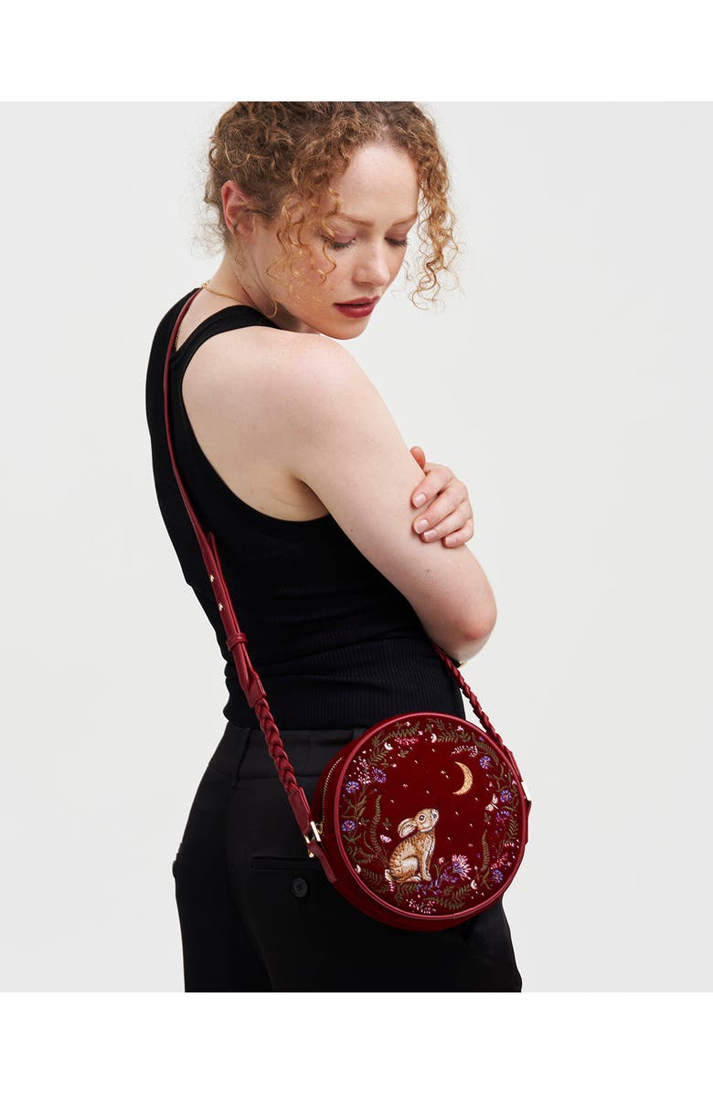 Fable England Star Gazing Rabbit Red Embroidered Circle Bag, Alternate, color, Ruby Red