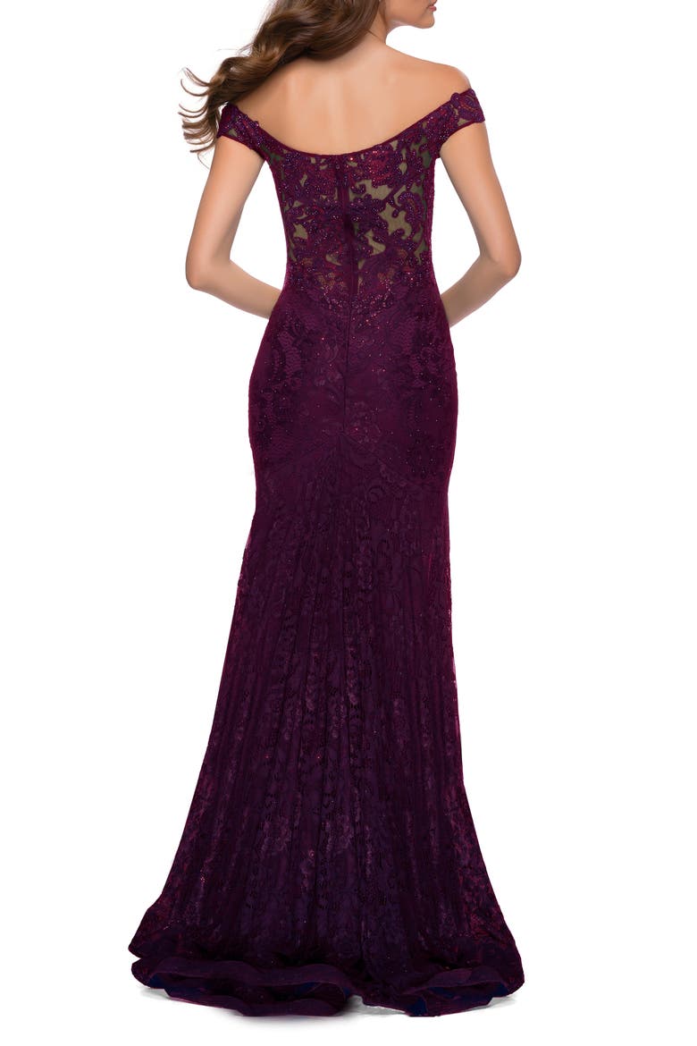 Lace Off the Shoulder Gown with Deep V Neckline, Alternate, color, Dark Berry
