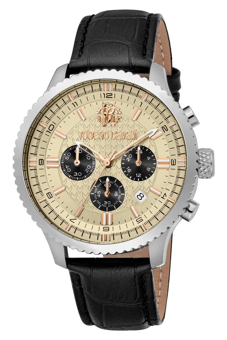Stile Chronograph Quartz Leather Strap Watch, 44mm, Main, color, BLACK
